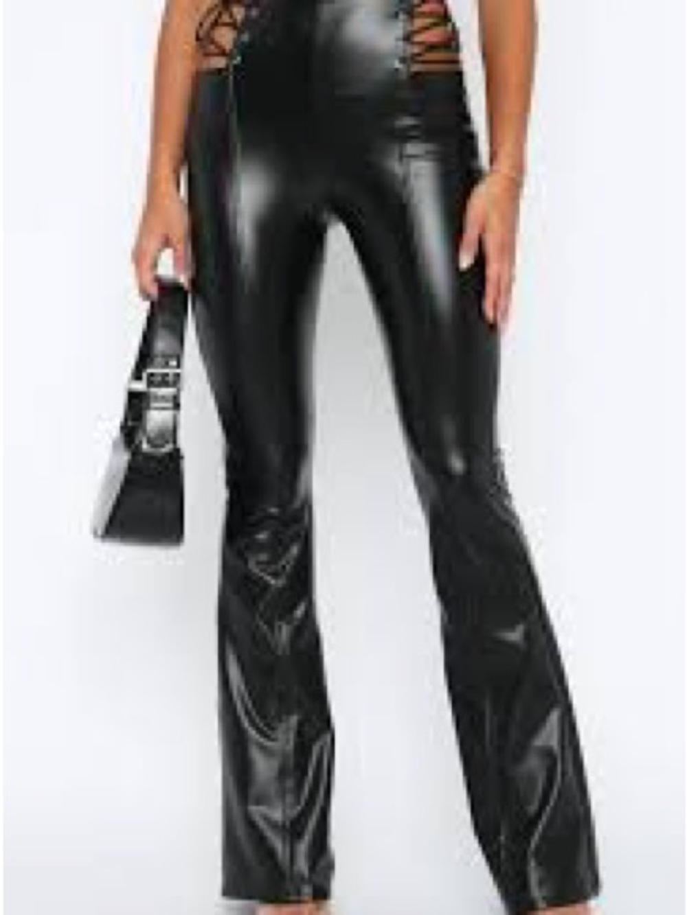 White Fox Boutique Black Faux Leather Lace-Up Flared Pants (NWT)